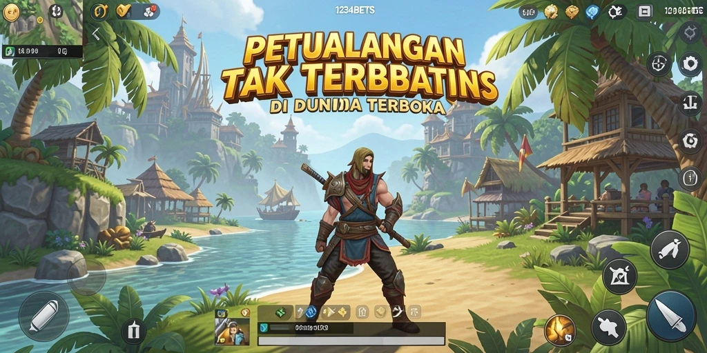 Tampilan screenshot utama dari gameplay 1234BETS menunjukkan dunia terbuka yang luas dan dinamis.