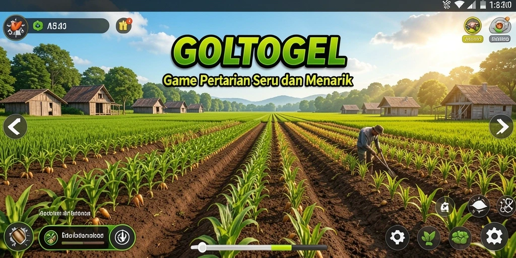 Tampilan utama gameplay GOLTOGEL dengan pertanian yang subur dan berwarna.