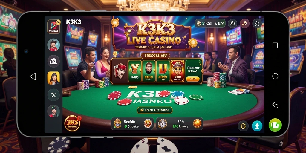 Screenshot gameplay K3K3 menampilkan dealer langsung dan suasana kasino.