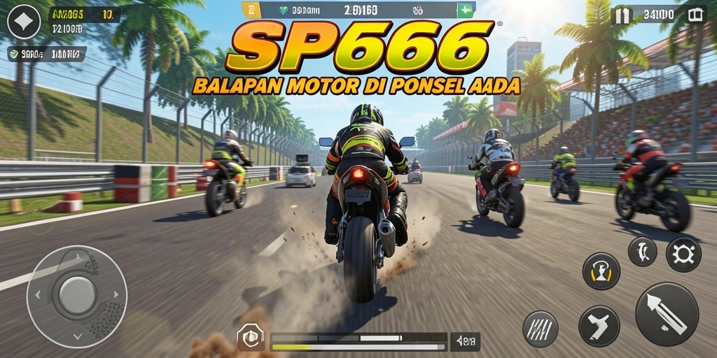 Screenshot gameplay SP666, menampilkan balapan motor yang mendebarkan.