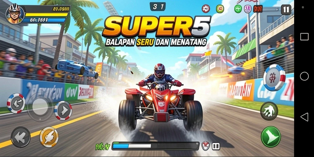 Screenshot gameplay SUPER5 yang menampilkan aksi balapan yang mendebarkan.